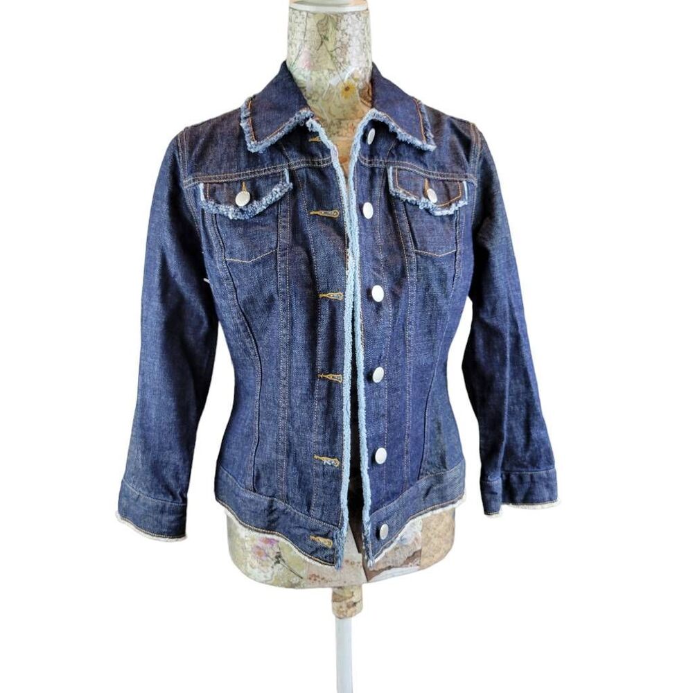 Isaac Mizrahi Frayed Edge Darkwash Denim 3/4 Sleeve Cropped Blue Jean Jacket